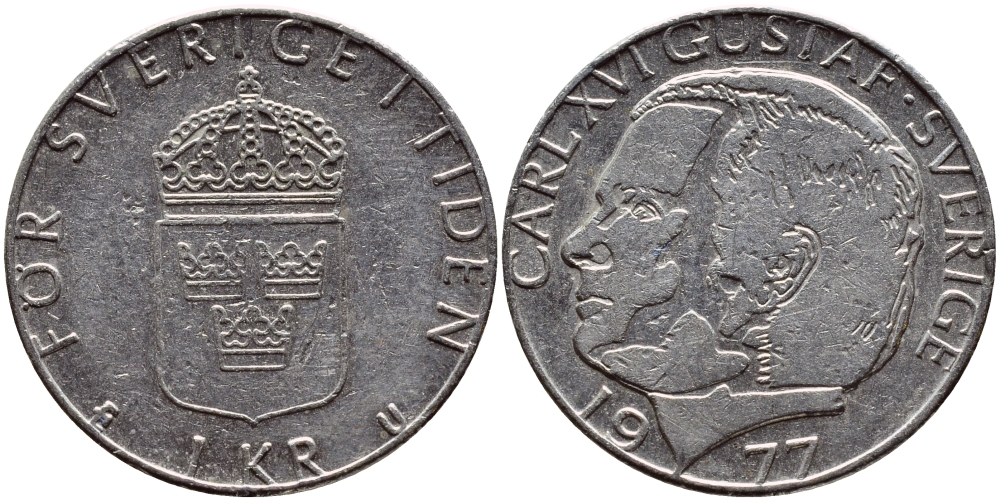 Швеция 1 крона 1977 Карл XVI Густав (1973- ) KM 852 медь плакированная медно-никелем 4397-835