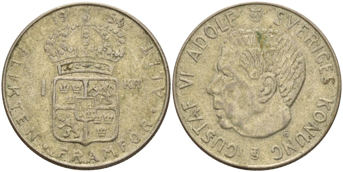 Швеция 1 крона 1954 TS, Густав VI Адольф (1950-1973) KM 826 серебро 4148-1136
