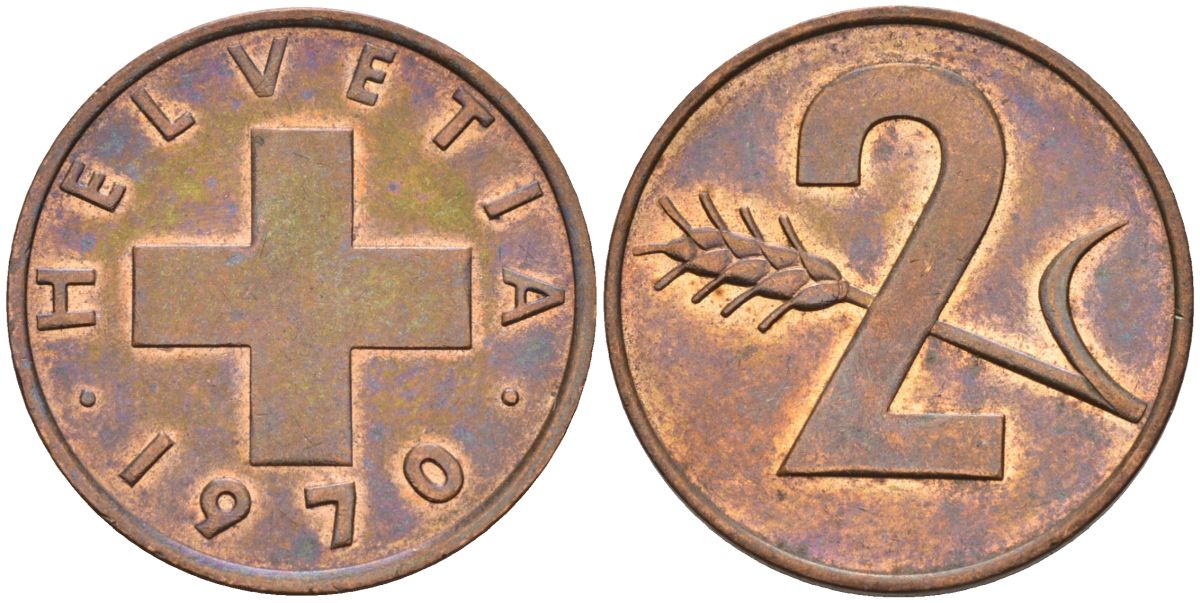 Швейцария 2 раппена 1970 KM 47 бронза 4592-634