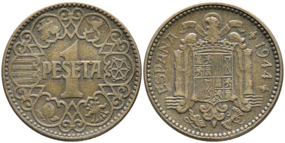 ИСПАНИЯ 1 ПЕСЕТА 1944 НАЦИОНАЛЬНОЕ ПРАВИТЕЛЬСТВО (1939-1947) KM 767 алюминиевая бронза 110-1112