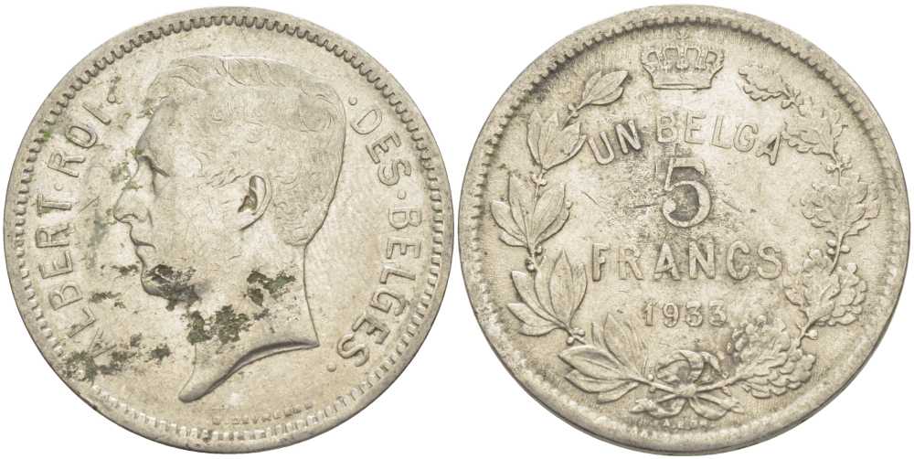 БЕЛЬГИЯ 5 ФРАНКОВ 1933 АЛЬБЕРТ I, DES BELGES KM 97.1 никель 3851-311