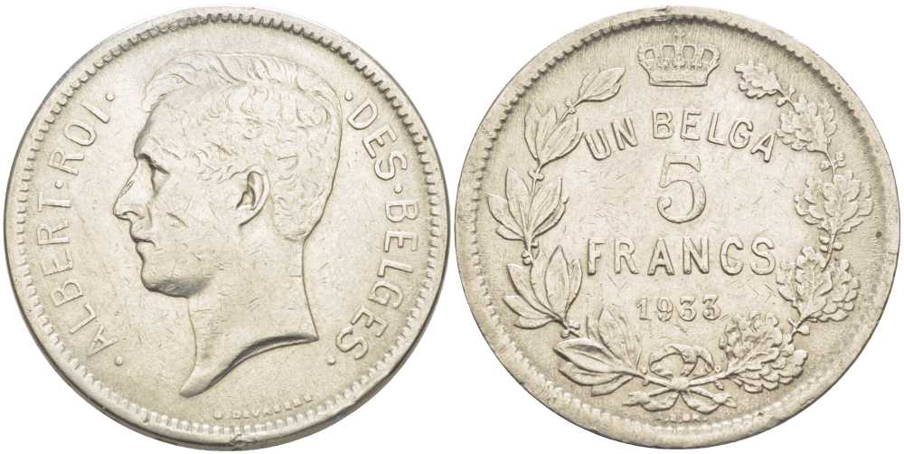 БЕЛЬГИЯ 5 ФРАНКОВ 1933 АЛЬБЕРТ I, DES BELGES KM 97.1 никель 3851-244