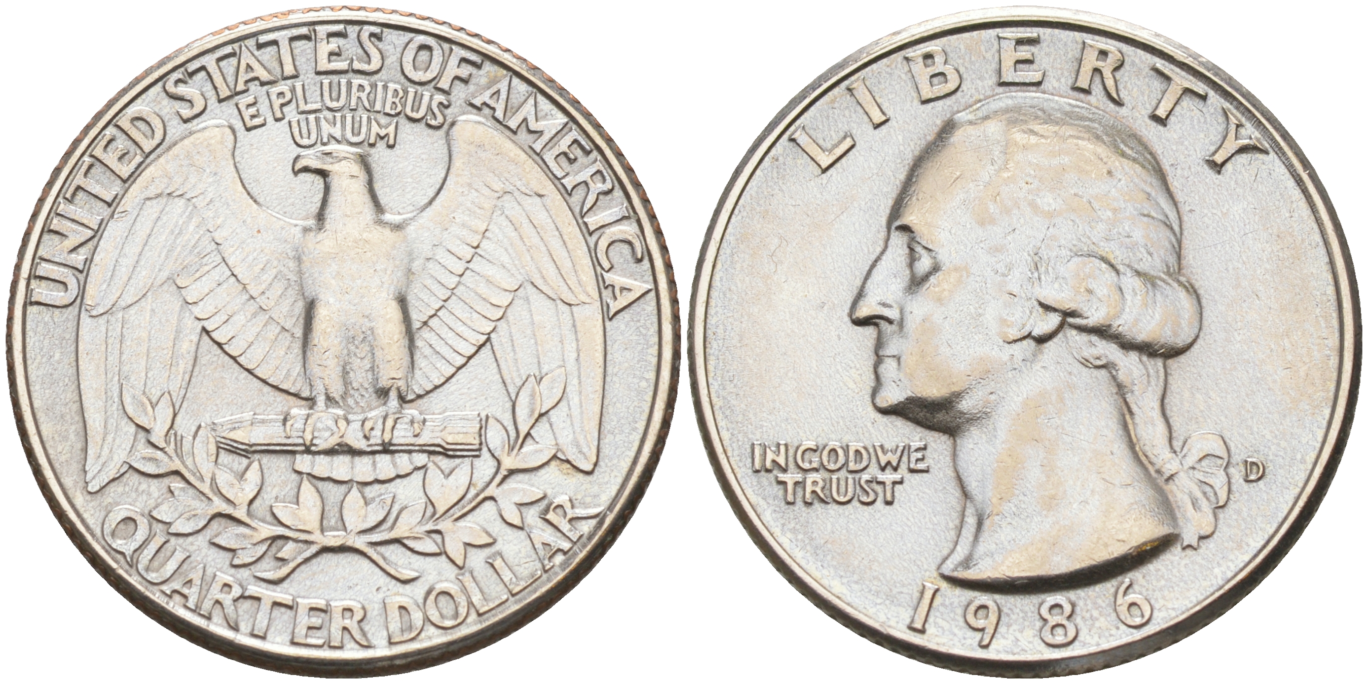 США 25 ЦЕНТОВ = КВОТЕР 1986 D, ВАШИНГТОН KM А164a медь плакированная медно-никелем 190-344