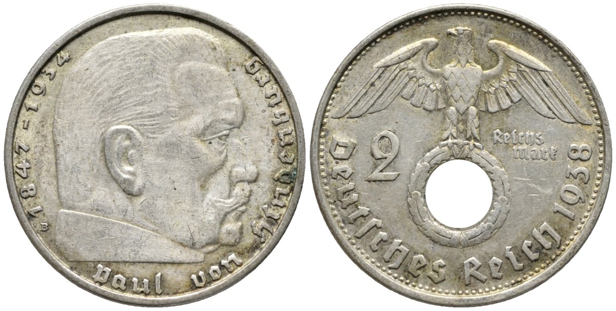 Германия 2 рейхсмарки 1938 В, Гинденбург, символика KM 93, J.366 серебро 4577-527