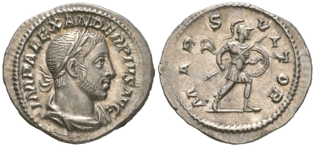 Римская Империя денарий 232 Александр Север, IMP ALEXANDER PIVS AVG, бюст императора/MARS VLTOR, Марс, Рим, 3,00 гр RIC 246 серебро 00-815-85