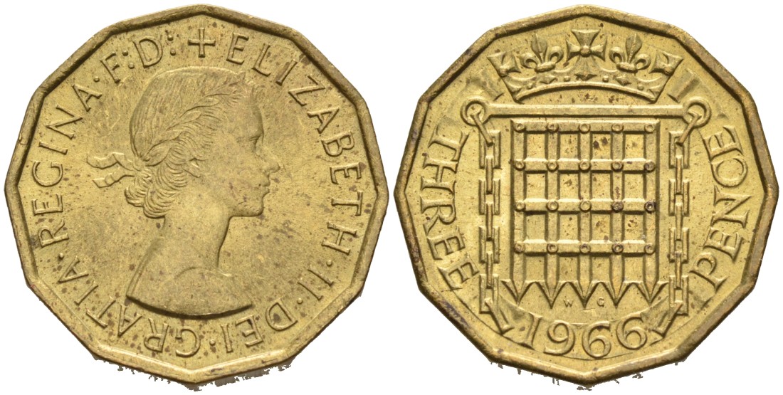 Великобритания 3 пенса 1966 Елизавета II (1952-2022) KM 900, Spink 4153 никель латунь 4561-1037