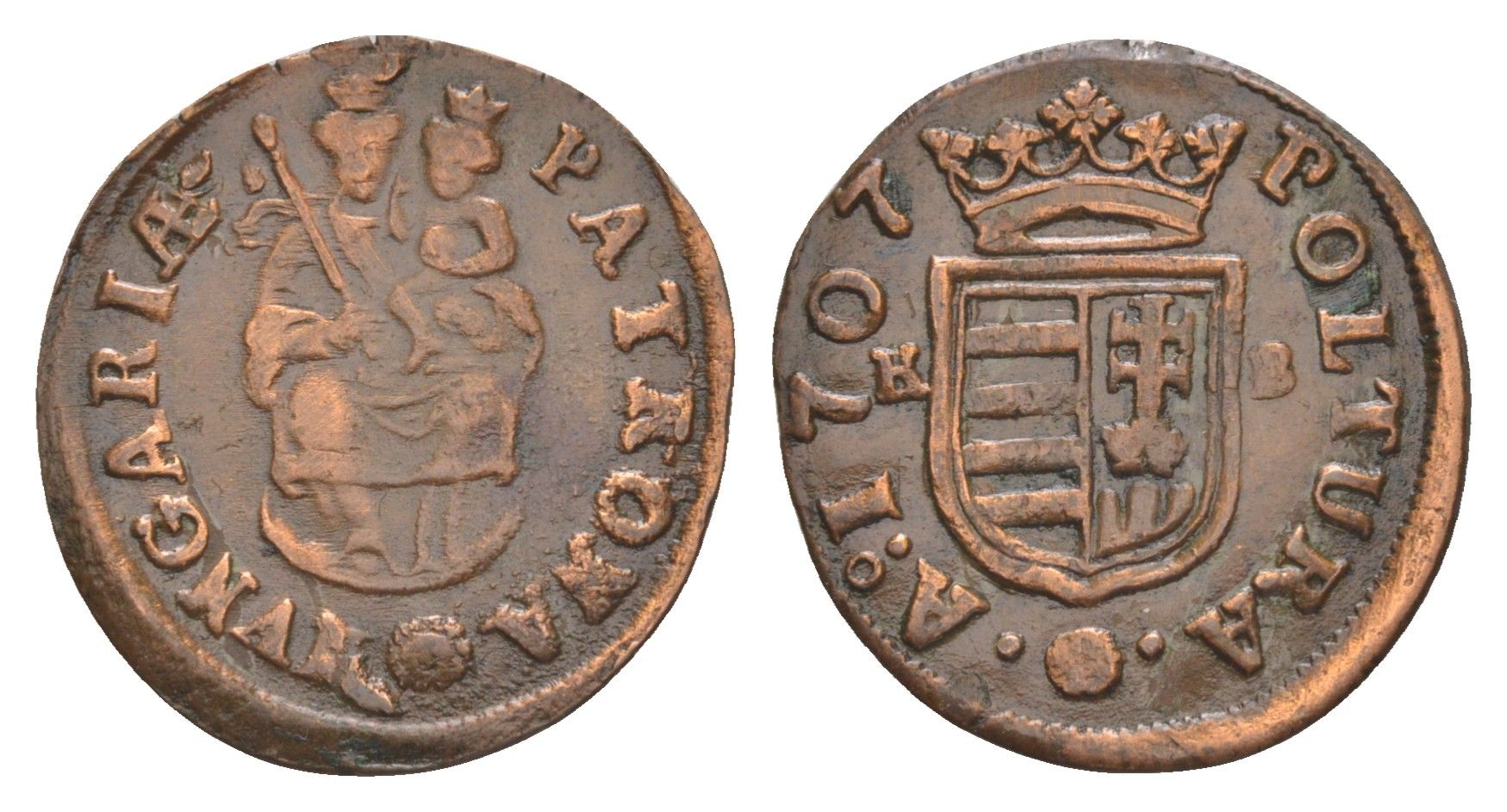 Венгрия 1 полтура 1707 KB, Ференц II Ракоци (1703-1711) KM 263.1, EH 1139a медь 650-434