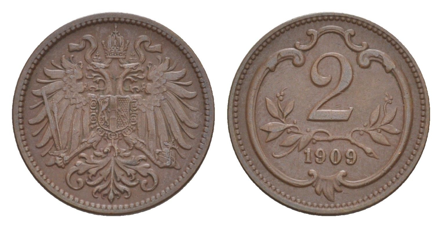 Австрия 2 геллера 1909 Франц Иосиф I (1848-1916) KM 2801 бронза 4639-1025