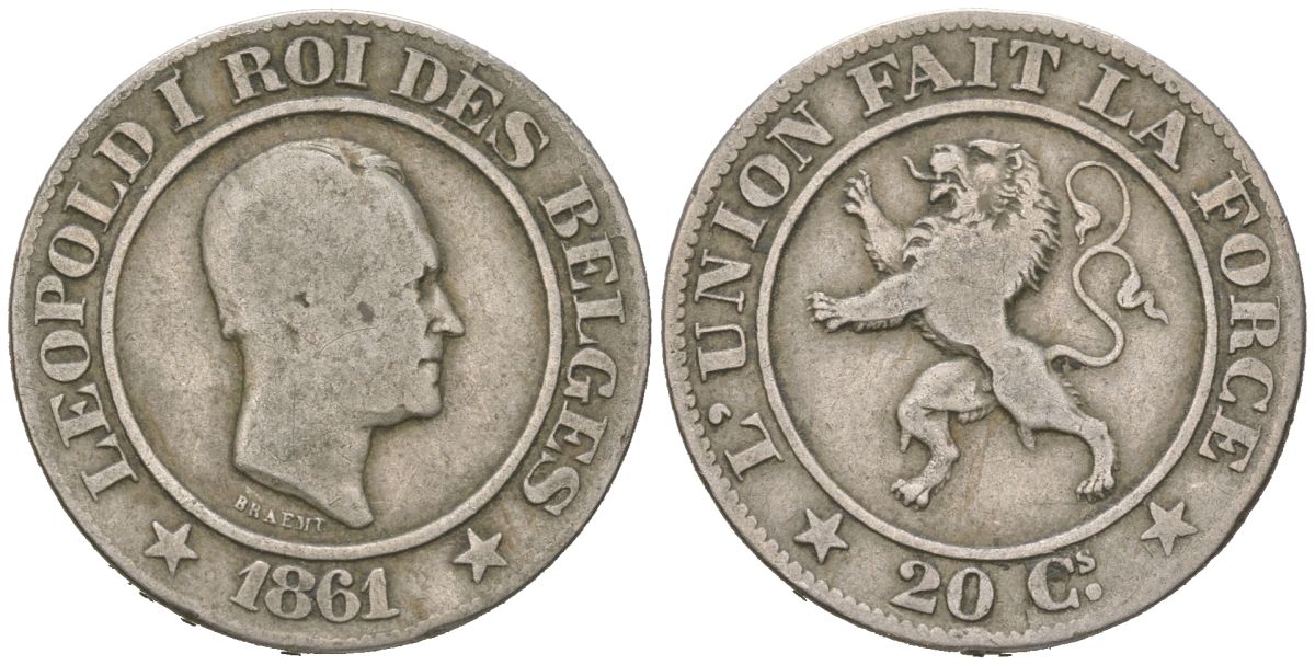 Бельгия 20 сантимов 1861 Леопольд I (1831-1865) KM 20 медно-никель 4616-327