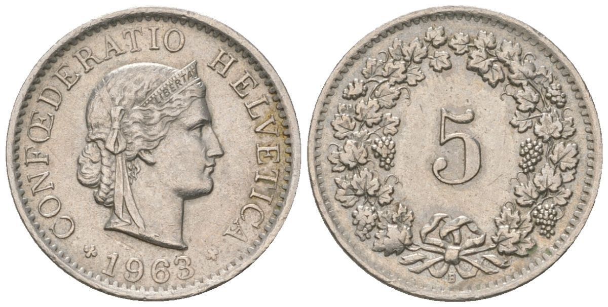 Швейцария 5 раппенов 1963 B KM 26 медно-никель aUNC 4115-1234