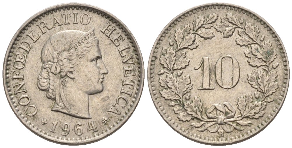 Швейцария 10 раппенов 1964 В KM 27 медно-никель 4576-953