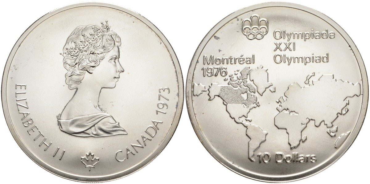 Канада 10 долларов 1973 XXI летние Олимпийские игры в Монреале 1976 года, Канада на карте мира KM 86.1 серебро UNC 02-252-31