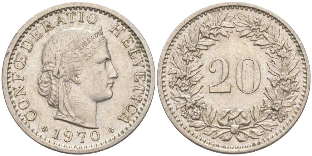 Швейцария 20 раппенов 1970 KM 29a медно-никель 55-925