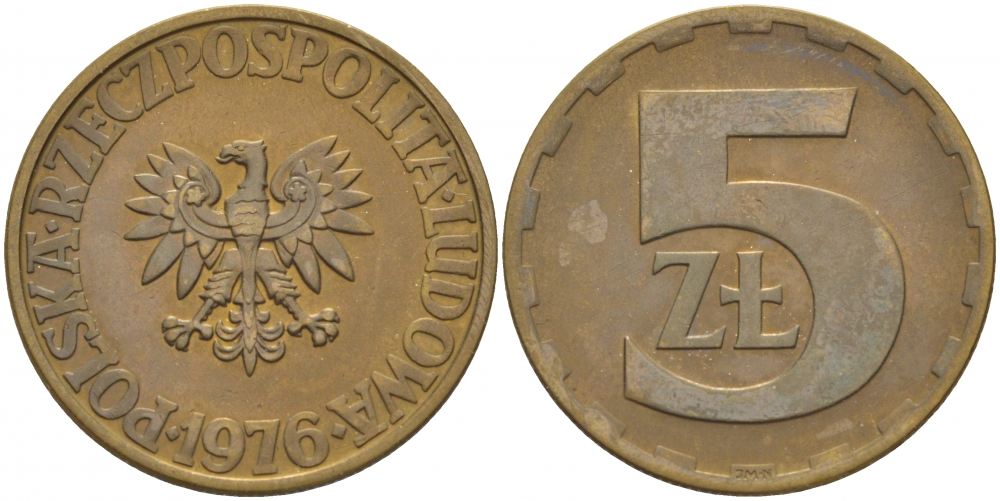 Польша 5 злотых 1976 монетный двор Ленинград (ЛМД) KM 81.1, Parchimowicz 221b латунь 3856-1053