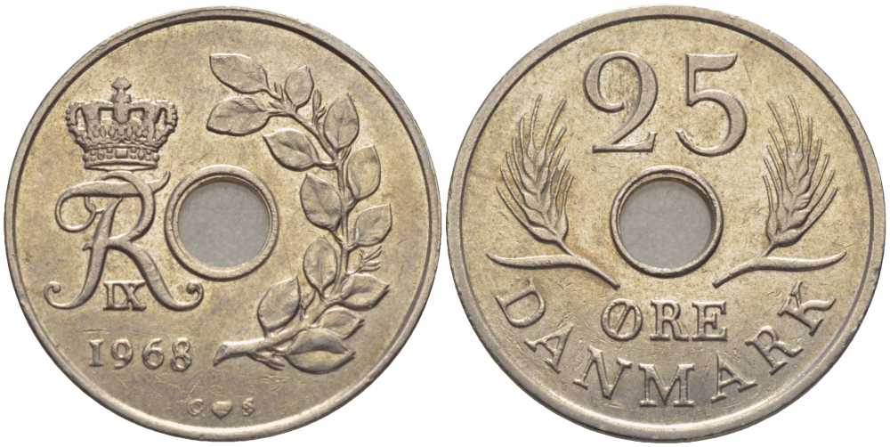 Дания 25 эре 1968 С;S, Фредерик IX (1947-1972) KM 855.1 медно-никель 202-735