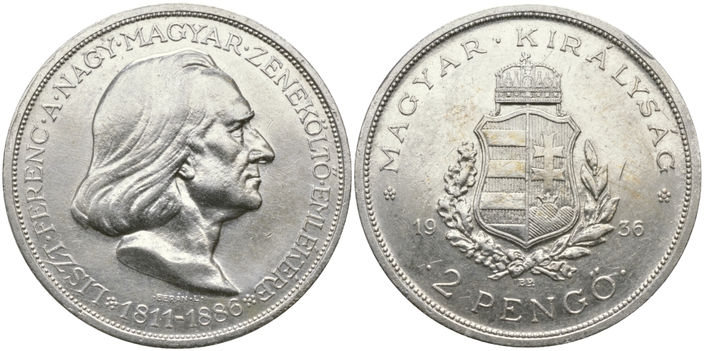 Венгрия 2 пенге 1936 50 лет со дня смерти Ференца Листа KM 515 серебро aUNC 441-344