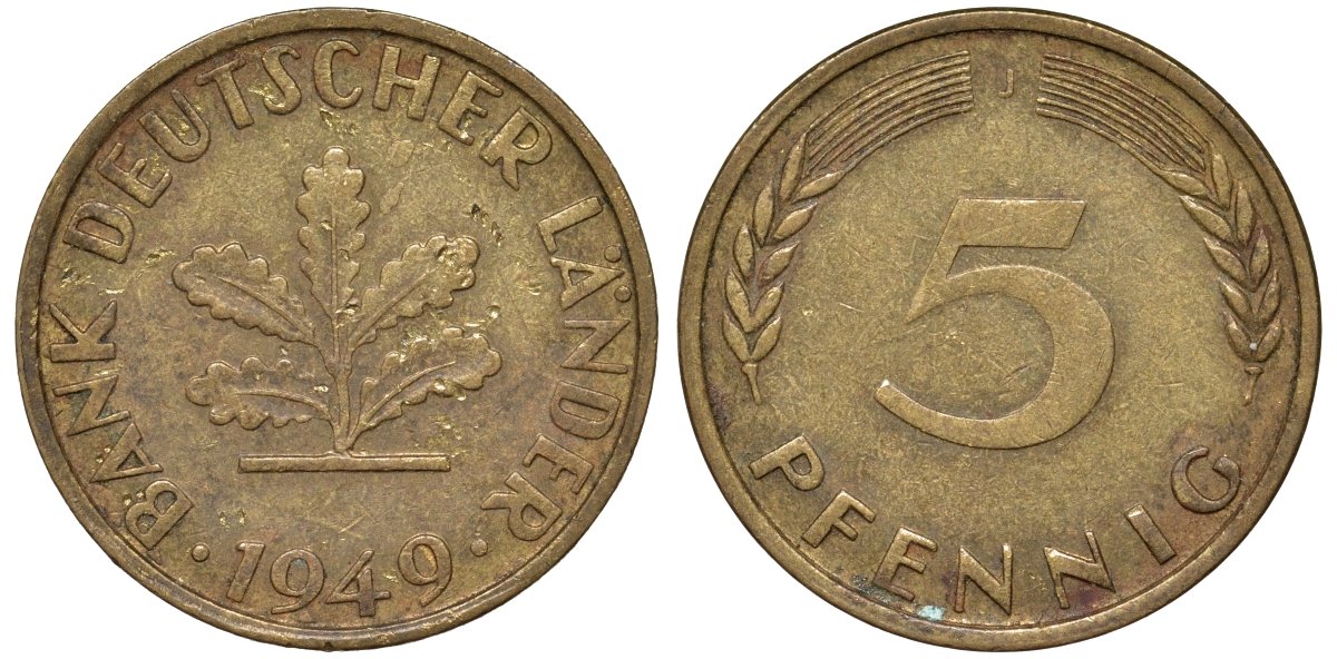 ФРГ 5 пфеннигов 1949 J KM 102 сталь плакированная бронзой 4174-512
