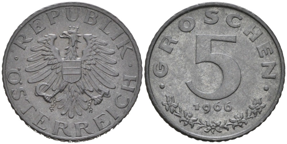 Австрия 5 грошей 1966 KM 2875 цинк 192-368