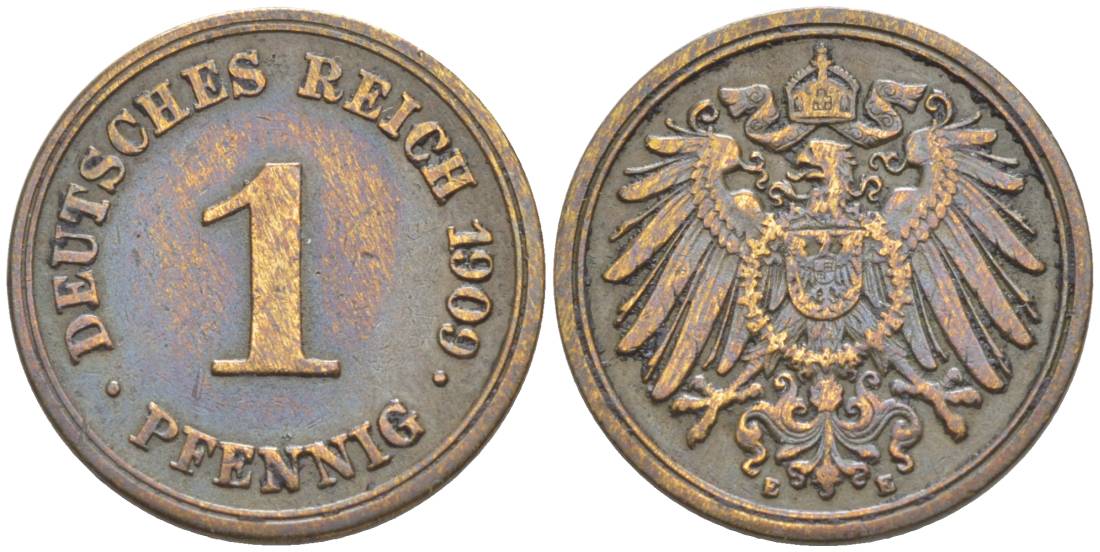 ГЕРМАНИЯ 1 ПФЕННИГ 1909 E KM 10, Jager. 10, Weege 2 медь 4528-1256