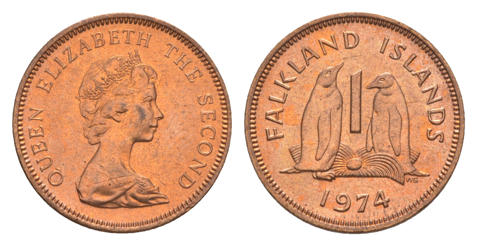 Фолклендские острова 1 пенс 1974 Елизавета II (1952-2022), папуанский пингвин KM 2 бронза  aUNC  4640-853