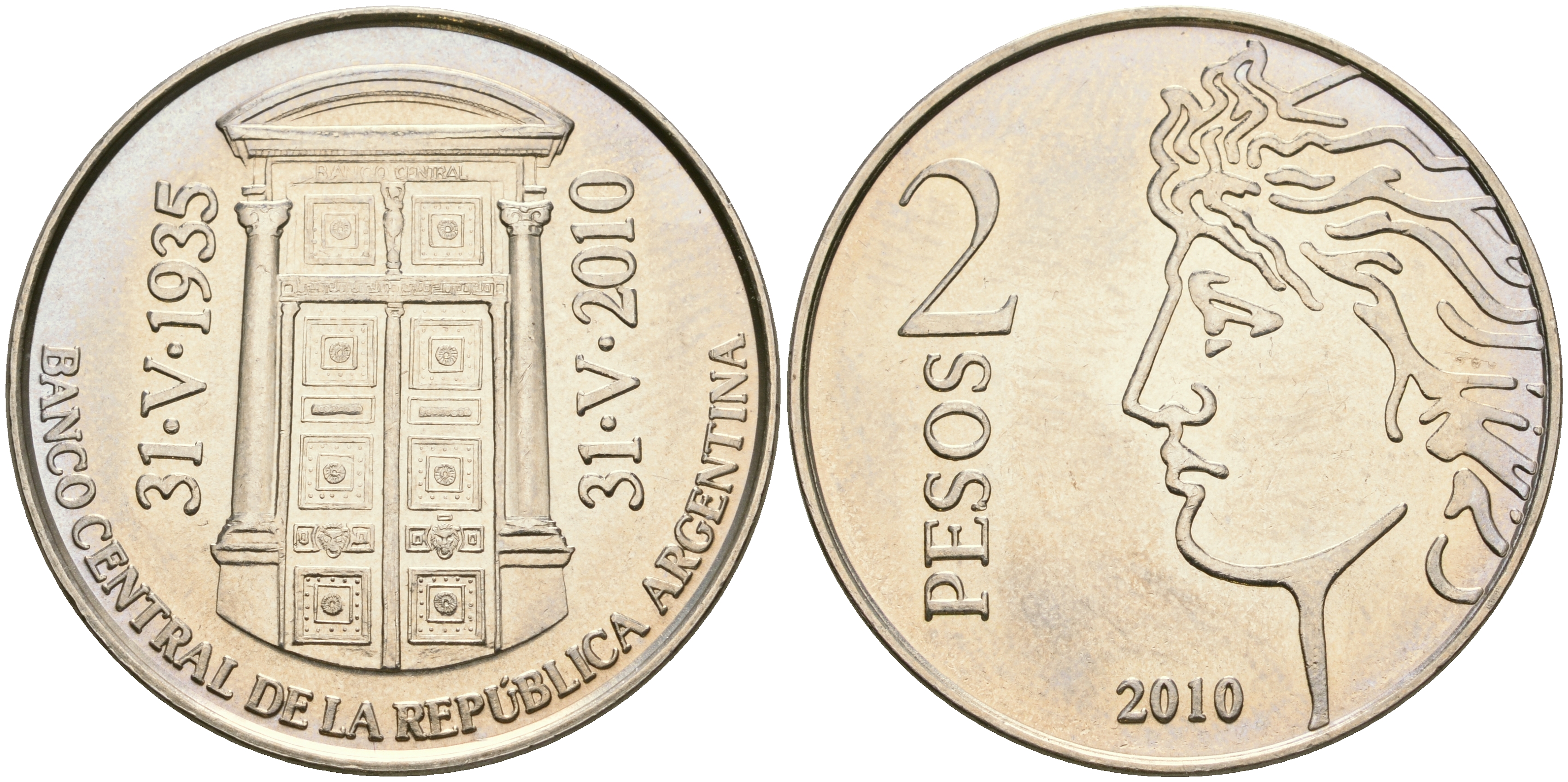 Аргентина 2 песо 2010 75 лет Центральному Банку KM 162 медно-никель UNC 4607-632