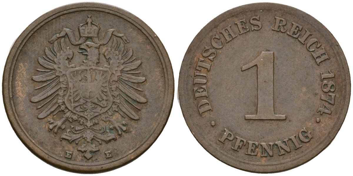 Германия 1 пфенниг 1874 E, Вильгельм I (1871-1888) KM 1, J. 1 медь 1524-421