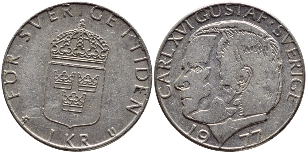 Швеция 1 крона 1977 Карл XVI Густав (1973- ) KM 852 медь плакированная медно-никелем 4397-822