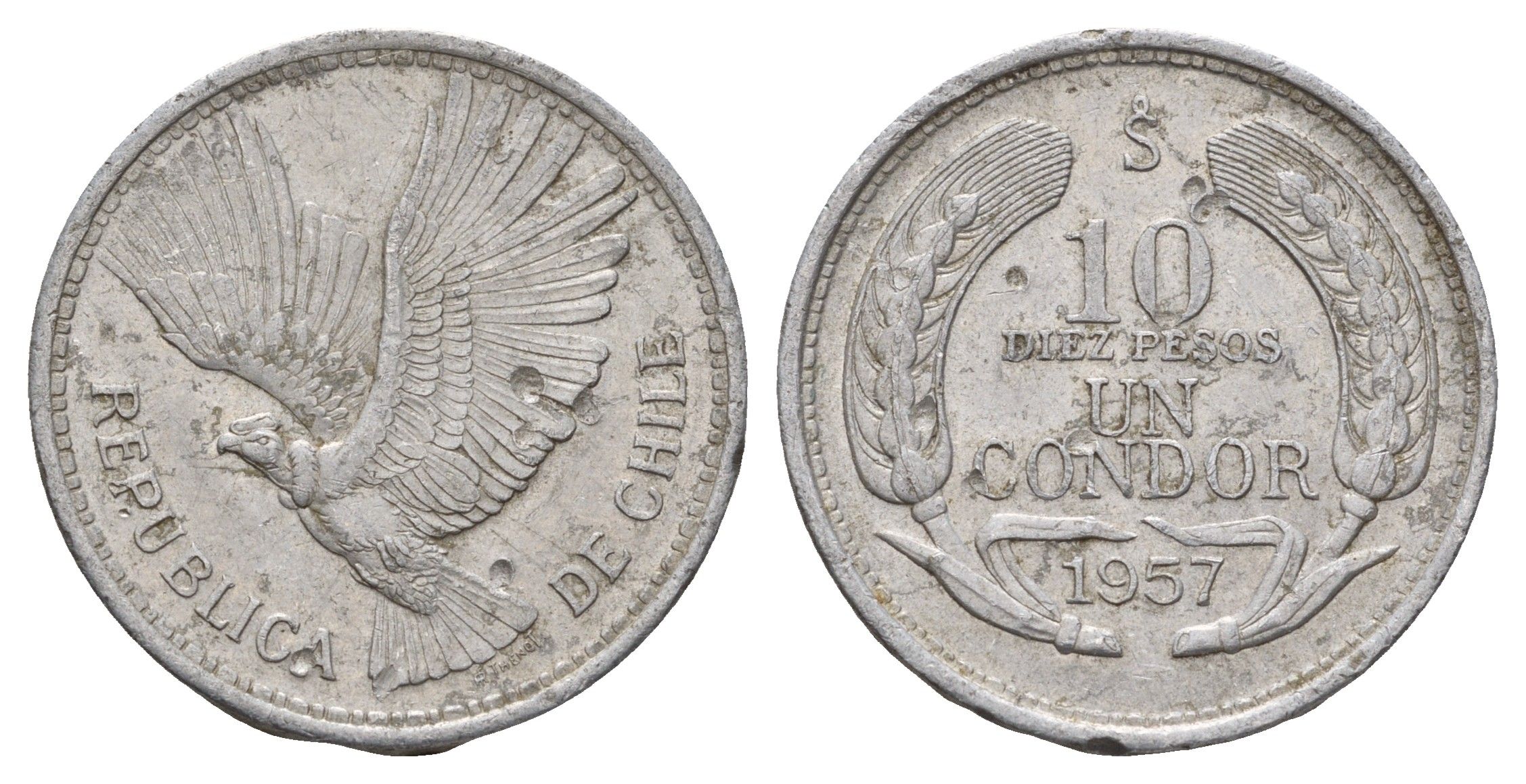 Чили 10 песо 1957 KM 181 алюминий 4634-221