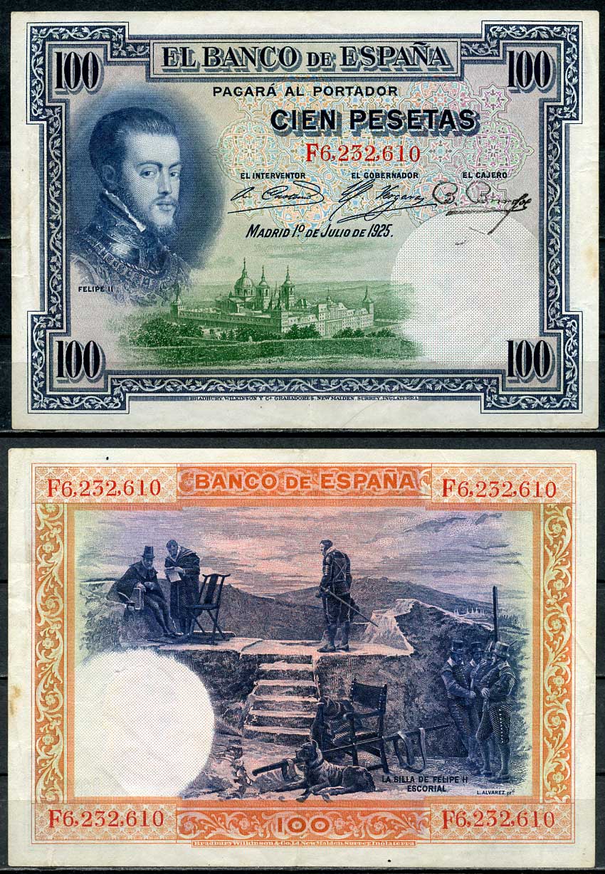 Испания 100 песет 1936 серия  F 6232610, 12 июля 1925, три подписи Pick 69 c(1) бумага 435-66-1-1