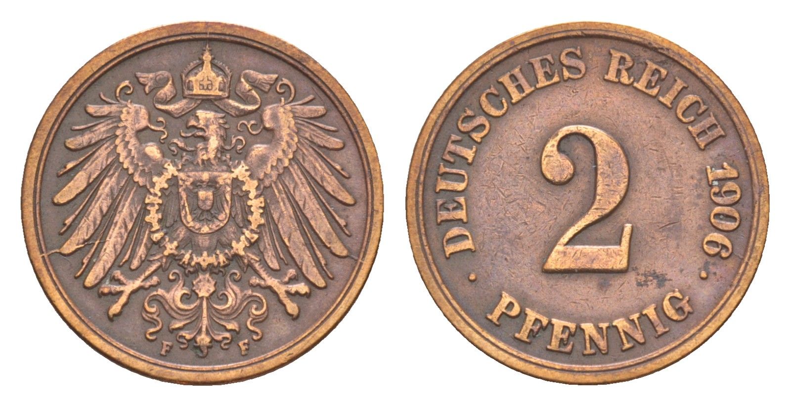 Германия 2 пфеннига 1906 F, Вильгельм II (1888-1918) KM 16, J. 11, Weege 4 медь 4639-1214
