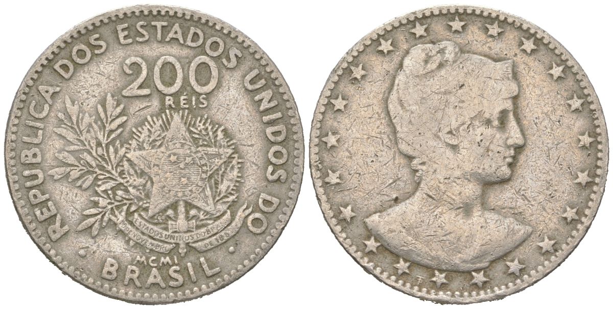 Бразилия 200 реалов 1901 MCMI, голова свободы вправо KM 504 медно-никель 4612-252