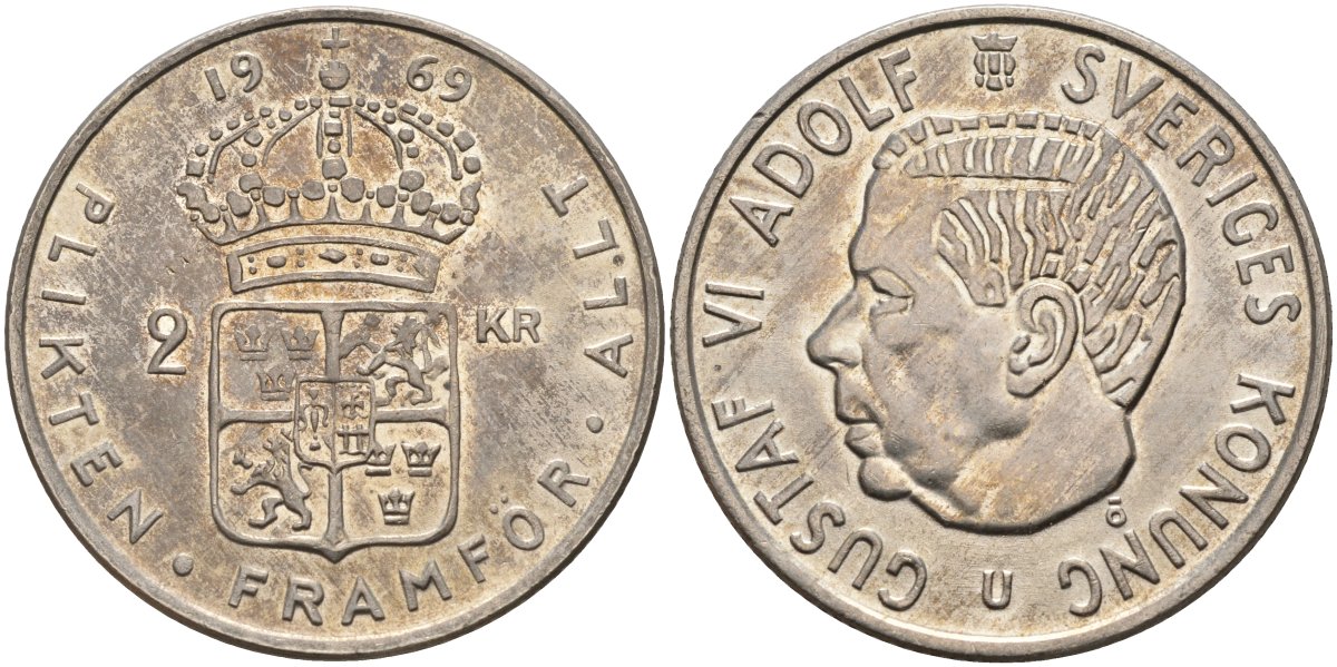 Швеция 2 кроны 1969 U, Густав VI Адольф (1950-1973) KM 827a медно-никель 4149-132