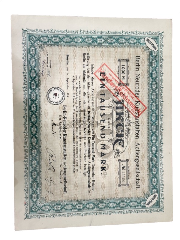 Германия акция в 1000 марок 1923 компании Berlin-Neuroder Kunstanstalten Actiengesellschaft / производство бумажных изделий и фотоматериалов бумага 5555-19