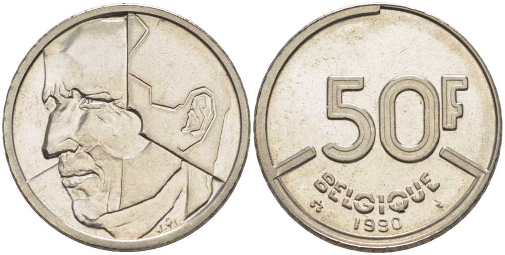БЕЛЬГИЯ 50 ФРАНКОВ 1990 BELGIQUE, БОДУЭН I (1951-1993) KM 168 никель 210-944