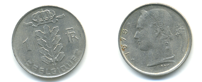 БЕЛЬГИЯ 1 ФРАНК 1975 BELGIQUE KM 142.1 медно-никель 86-1336