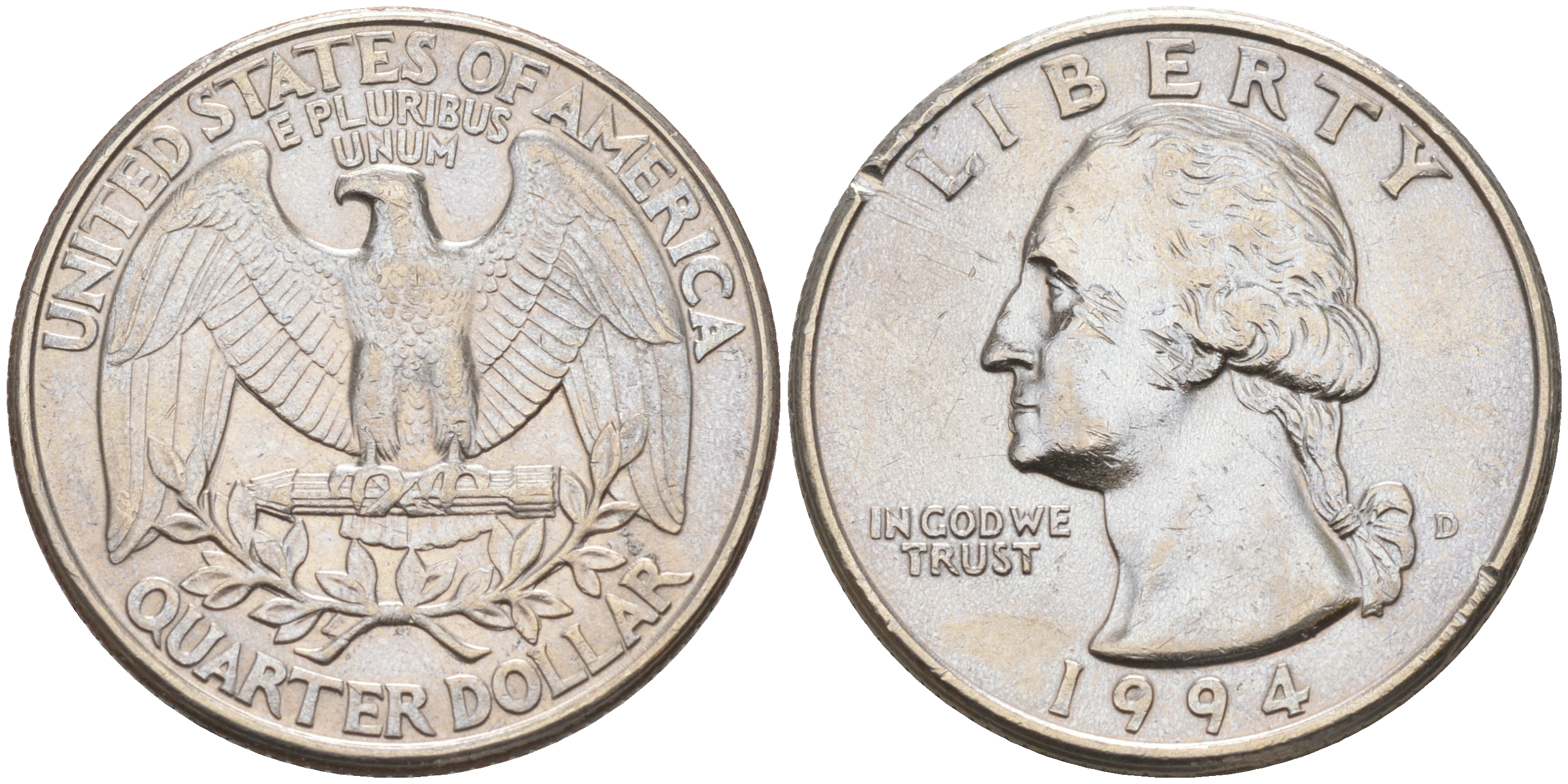 США 25 центов (квотер) 1994 D, Вашингтон KM 164a медь плакированная медно-никелем 190-417