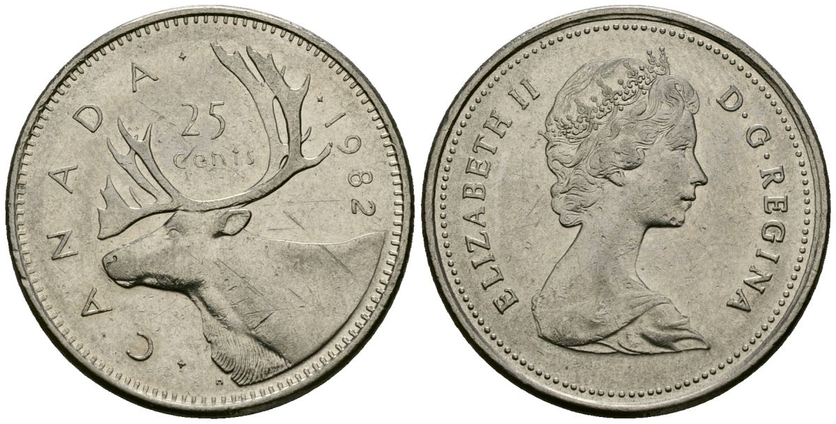 Канада 25 центов 1982 Елизавета II (1952-2022), олень карибу, второй портрет в короне KM 74 никель 4167-927