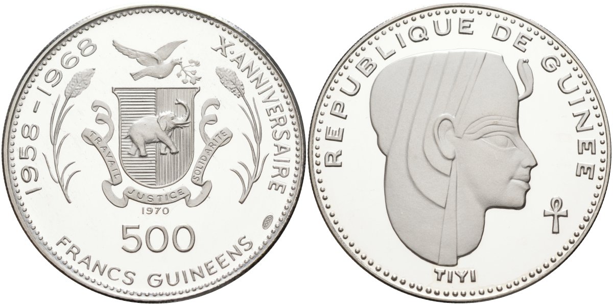 Гвинея 500 франков 1970 10 лет независимости (1958-1968), Тия - мать фараона Аменофиса IV (1352-1336ВС), тираж 4120 экз. KM 28 серебро PROOF 04-321-32