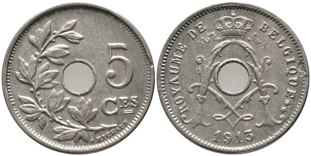БЕЛЬГИЯ 5 САНТИМОВ 1913 BELGIQUE KM 66 медно-никель 76-512