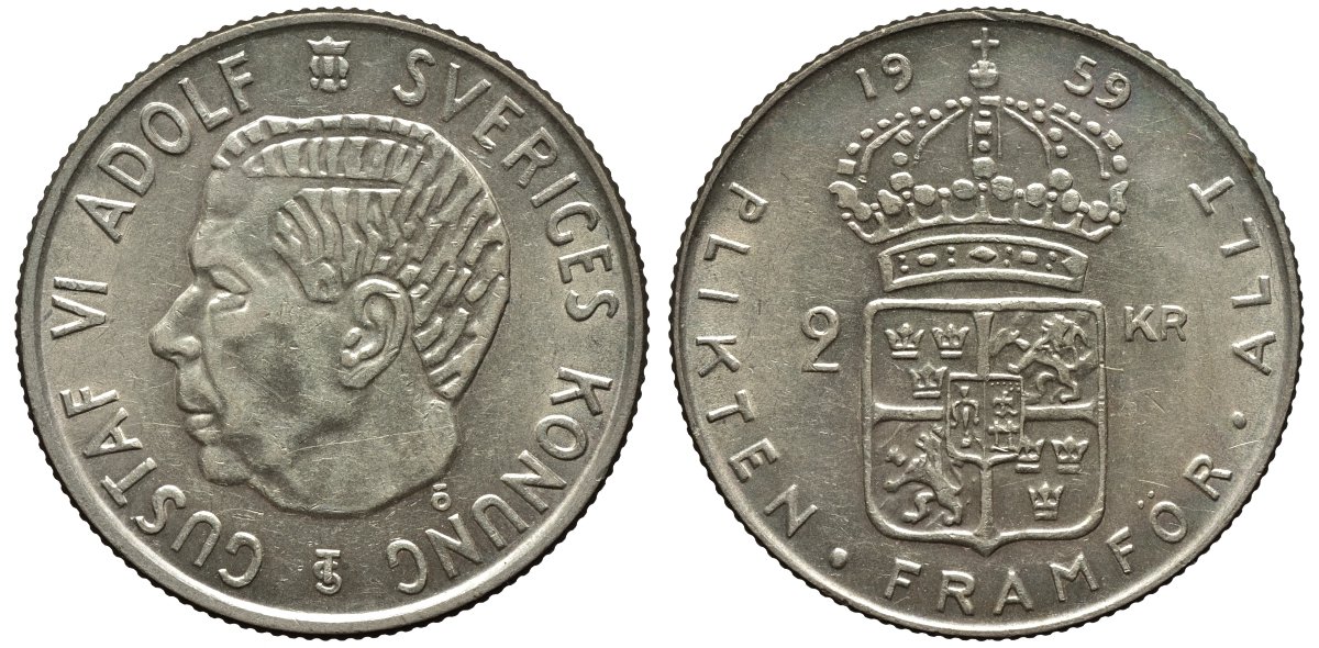 Швеция 2 кроны 1959 TS, Густав VI Адольф (1950-1973) KM 827 серебро 00-00