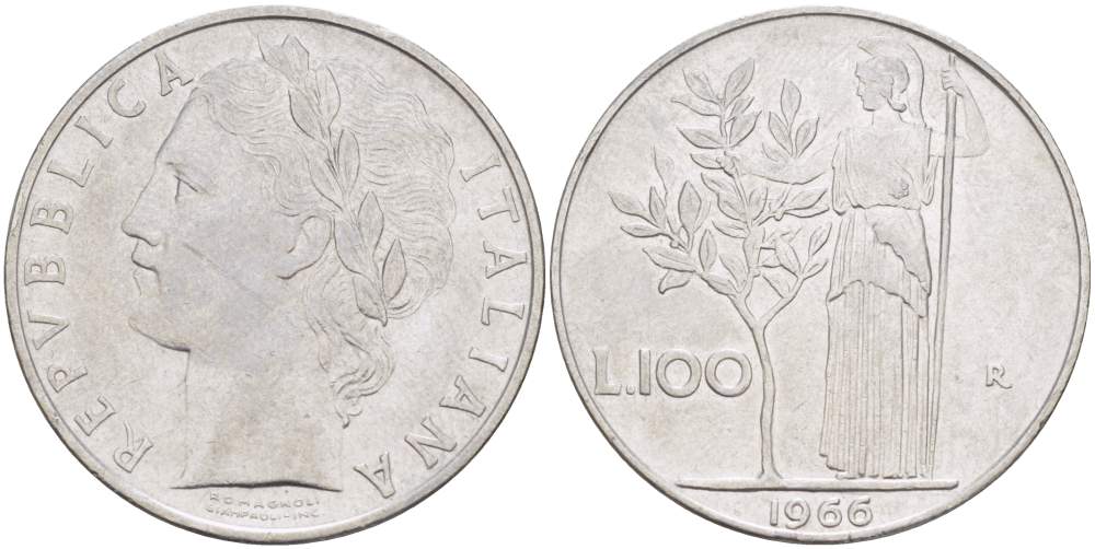 ИТАЛИЯ 100 ЛИР 1966 R, АФИНА, ДИАМЕТР 28 ММ. KM 96.1 нержавеющая сталь 4512-1224