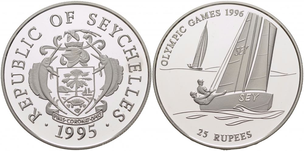 Сейшельские острова 25 рупий 1995 олимпийские игры 1996 года в Атланте, регата, тираж 30000 экз. KM 80 серебро PROOF 1081-5-33