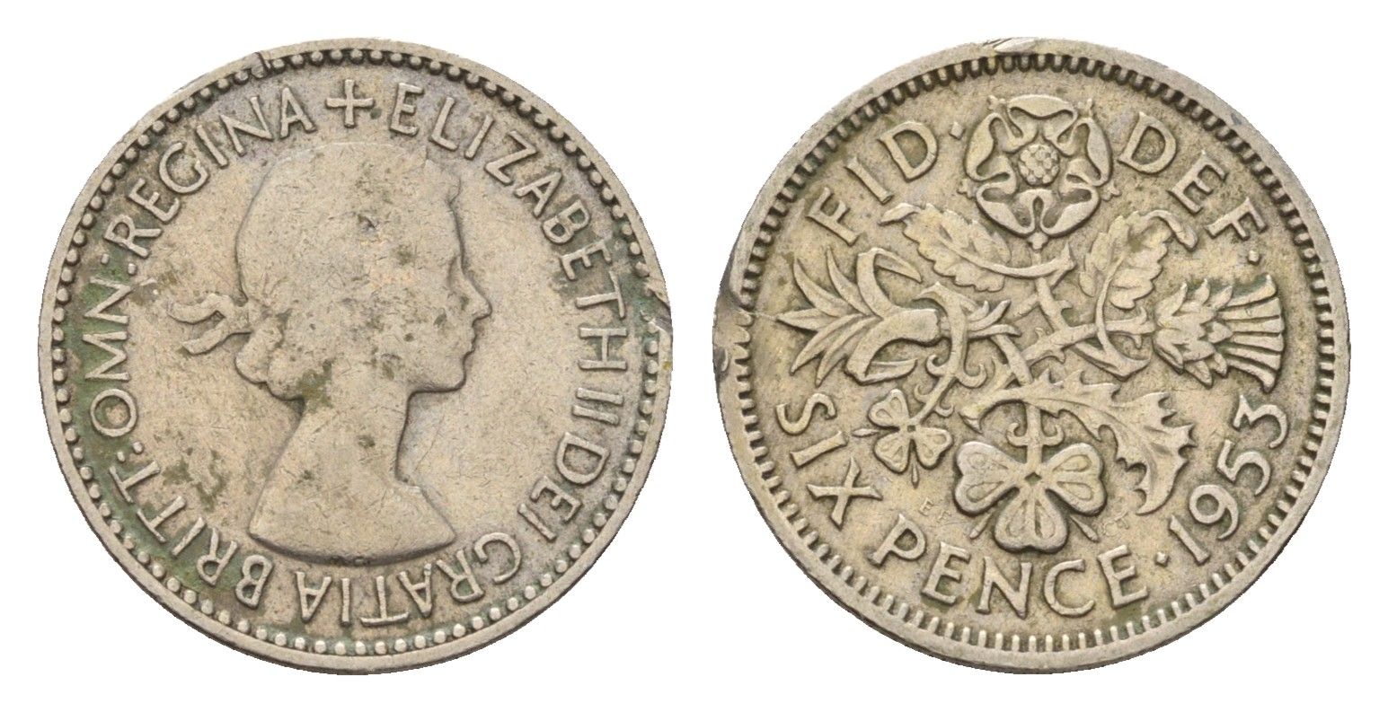 Великобритания 6 пенсов 1953 Елизавета II (1952-2022) KM 889, Spink 4141 медно-никель 100-325