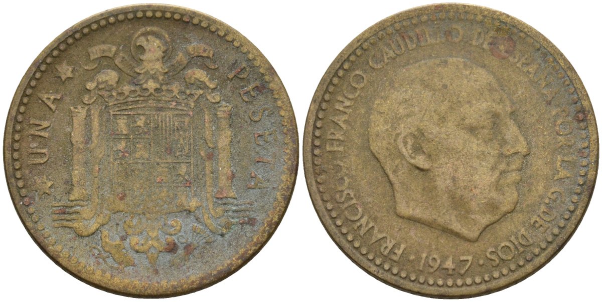 Испания 1 песета 1947 (54) Франсиско Франко (1939-1975) KM 775 алюминиевая бронза 4448-1035
