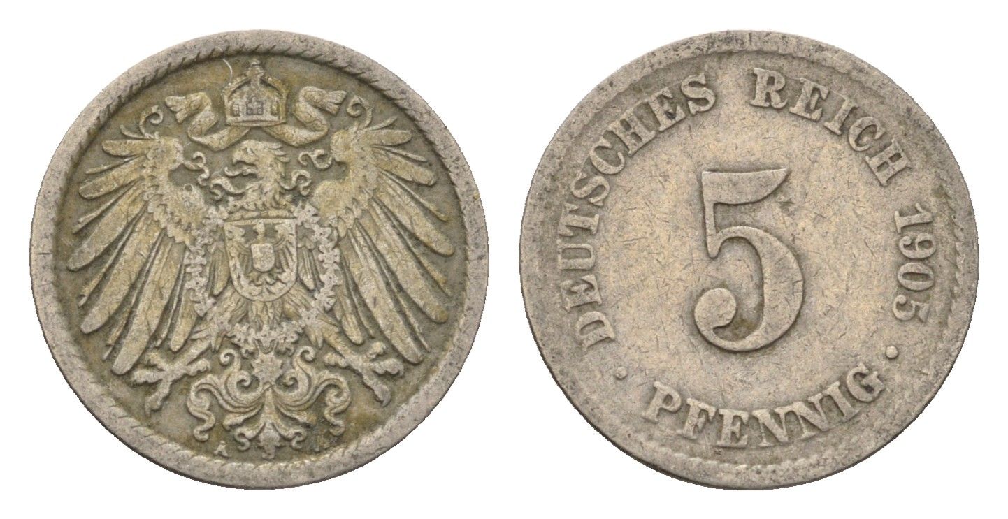Германия 5 пфеннигов 1905 A KM 11, J. 12 медно-никель 4696-627