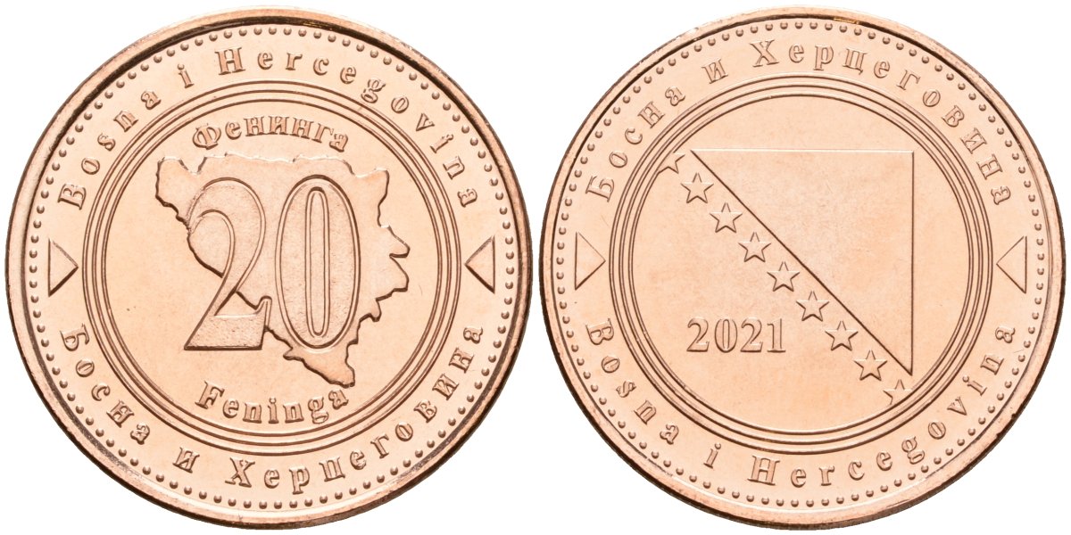 Босния и Герцеговина 20 фенигов 2021 KM 116 сталь плакированная медью UNC 4514-1223