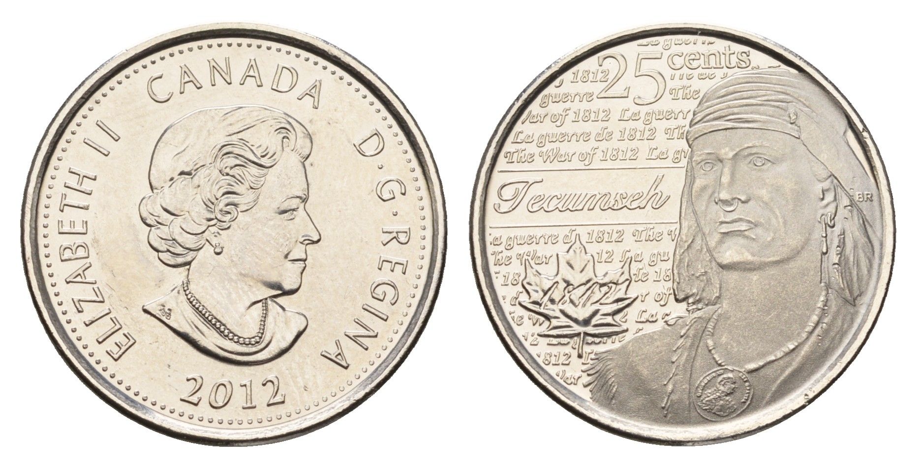Канада 25 центов 2012 серия герои Канады в войне 1812-1815, вождь шауни Текумсе KM 1324 сталь плакированная никелем UNC 110-335