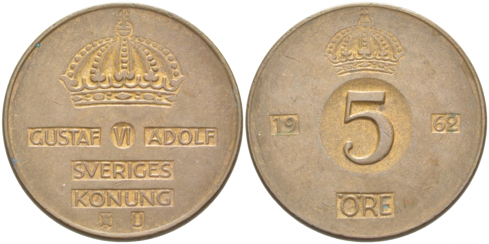 Швеция 5 эре 1962 U Густав VI Адольф (1950-1973) KM 822 бронза 77-526