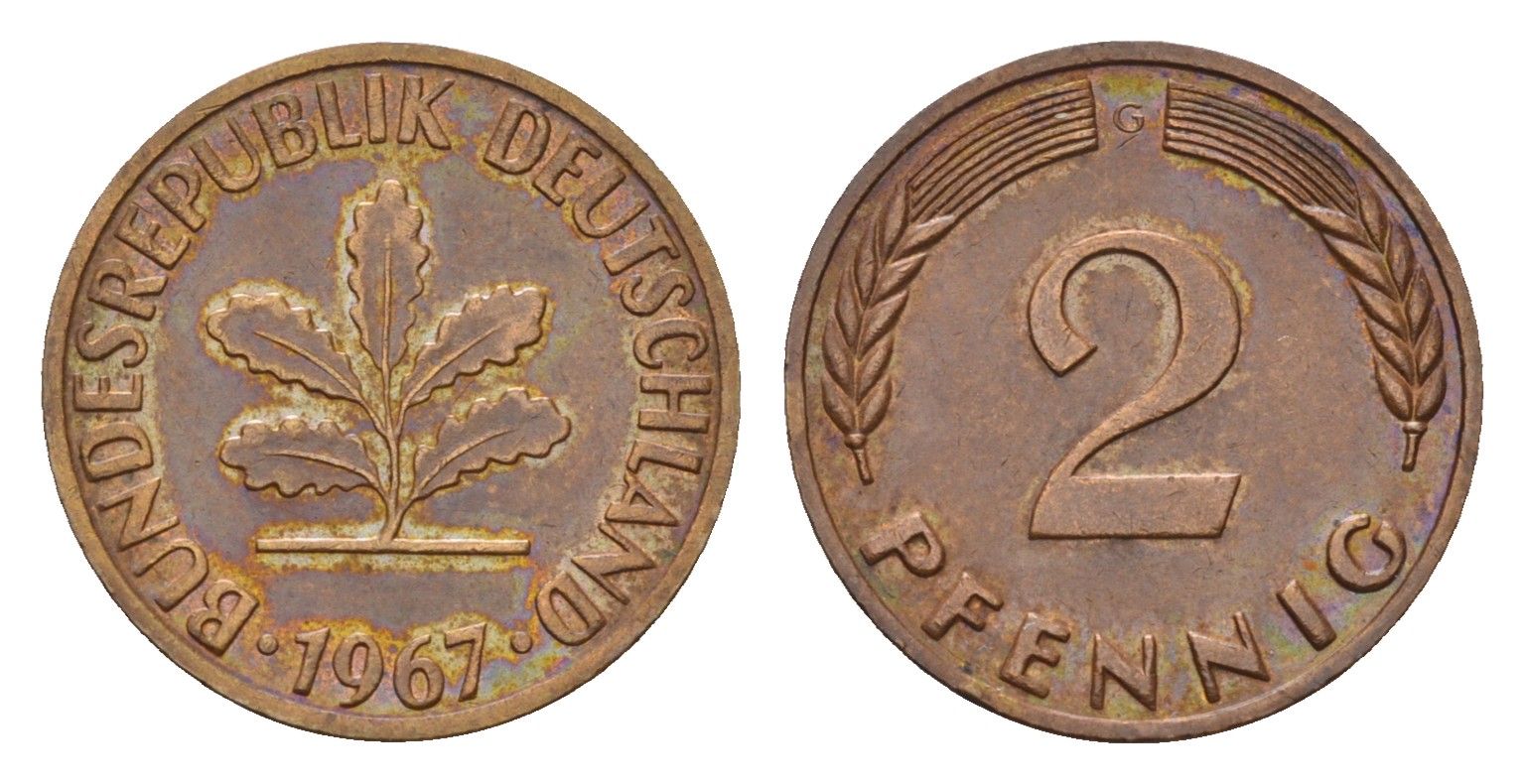 ФРГ 2 пфеннига 1967 G KM 106, J. 381 бронза 4682-1122