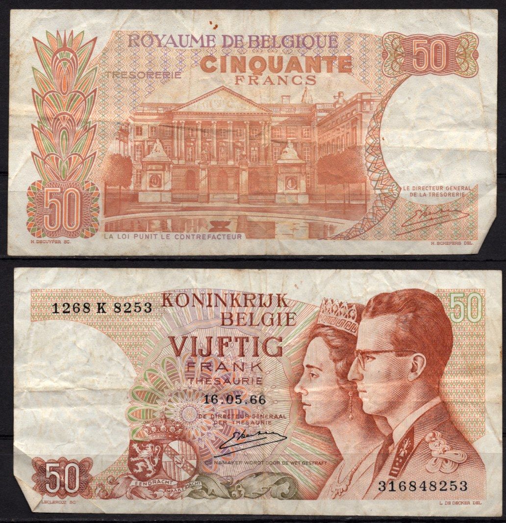 Бельгия 50 франков 1966 Бодуэн/Будевин I и королева Фабиола, здание парламента, Брюссель Pick 139 (3) бумага 7548-75-3-2